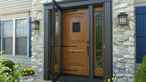 An ornate wooden entry door with sidelights.