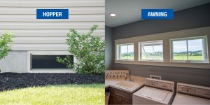 An image showing the comparison between a hopper window and an awning window.