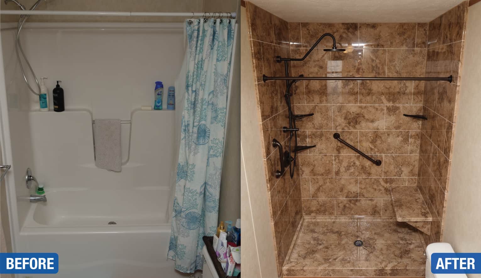 A before and after comparison of a West Shore Home shower remodel.