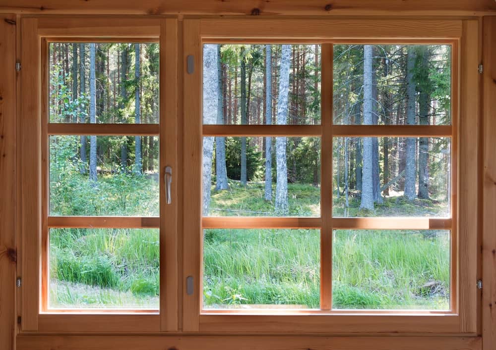 A wooden window with a view of nature.