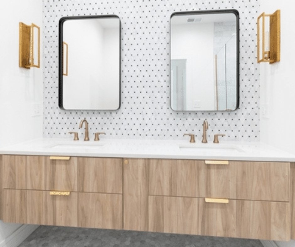 Floating vanity in a black and white bathroom