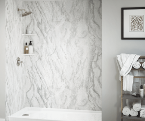 A render of a marble walk in acrylic shower without a shower curtain.