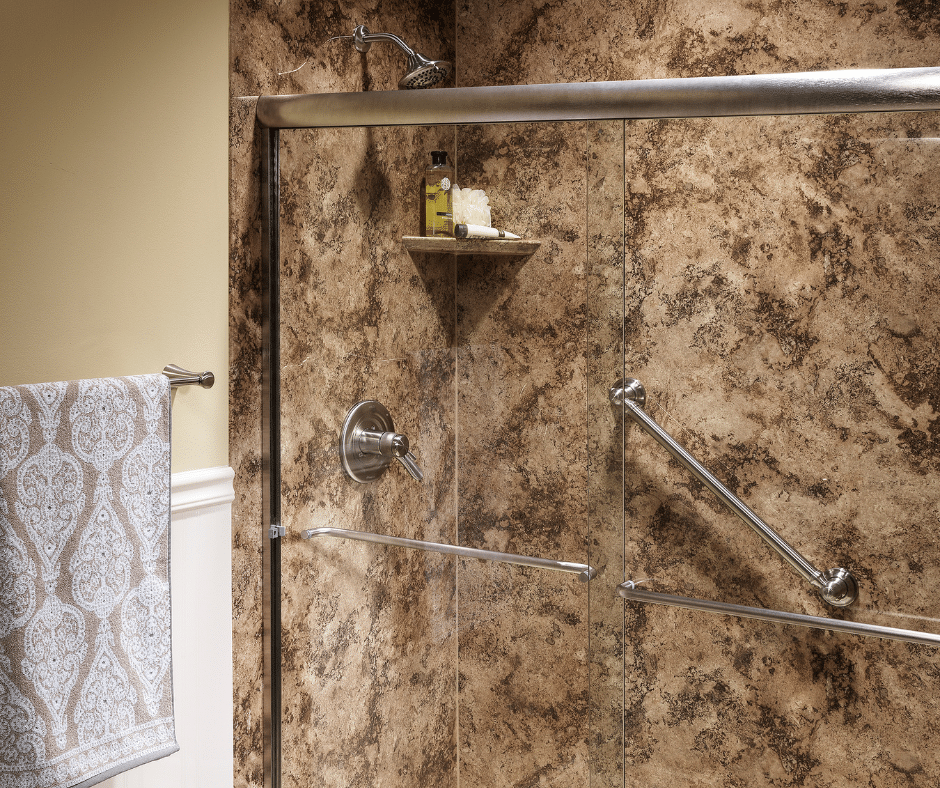 A brown acrylic walk in shower.