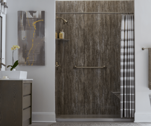 A render of a charcoal-colored walk in shower.