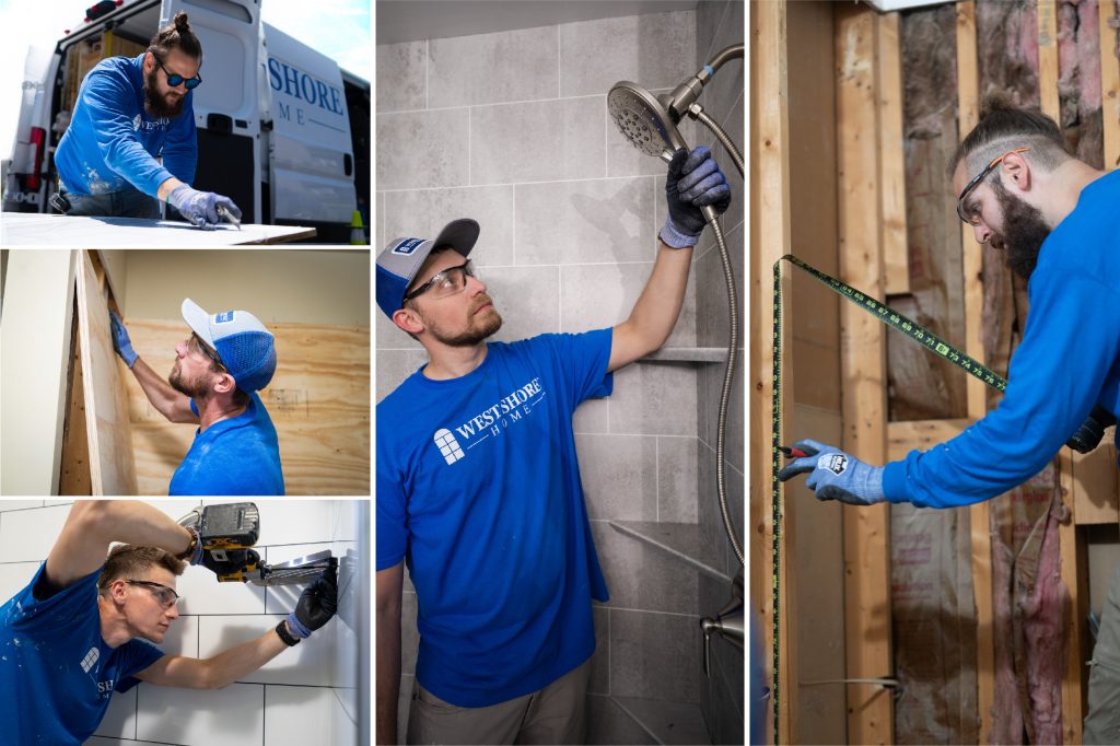 A collage of West Shore Home installers preparing for a new shower installation.