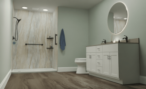 A render of a full bathroom remodeling project by West Shore Home.